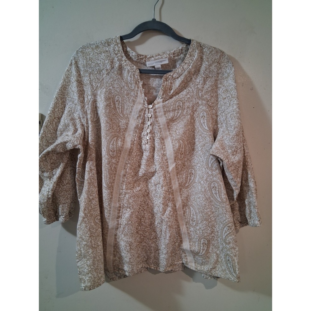 Pure Jill J. Jill Tan Paisley Organic Cotton 3/4 Sleeve Button Tunic Top Large
